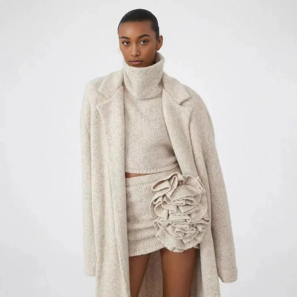 Women Skirt Sets Long Sweater Coat Turtleneck Sleeveless Knitted Vest With Skirt Three Pieces Sets