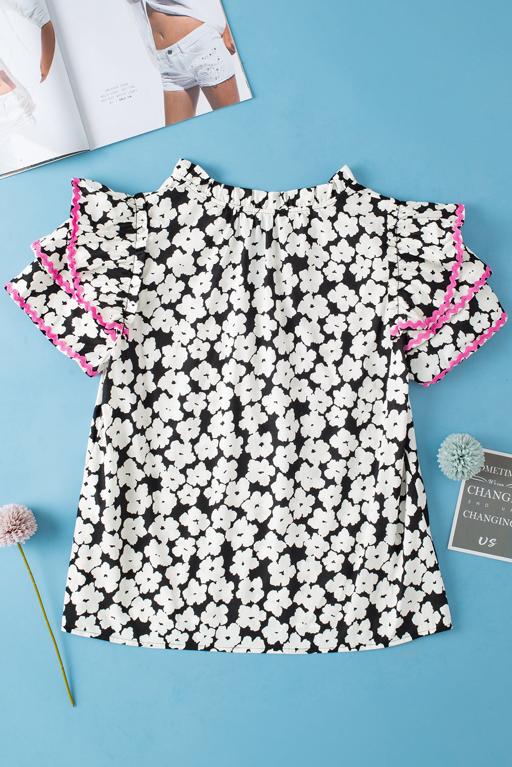 Pink Contrast Ric Rac Layered Ruffle Sleeve Floral Blouse