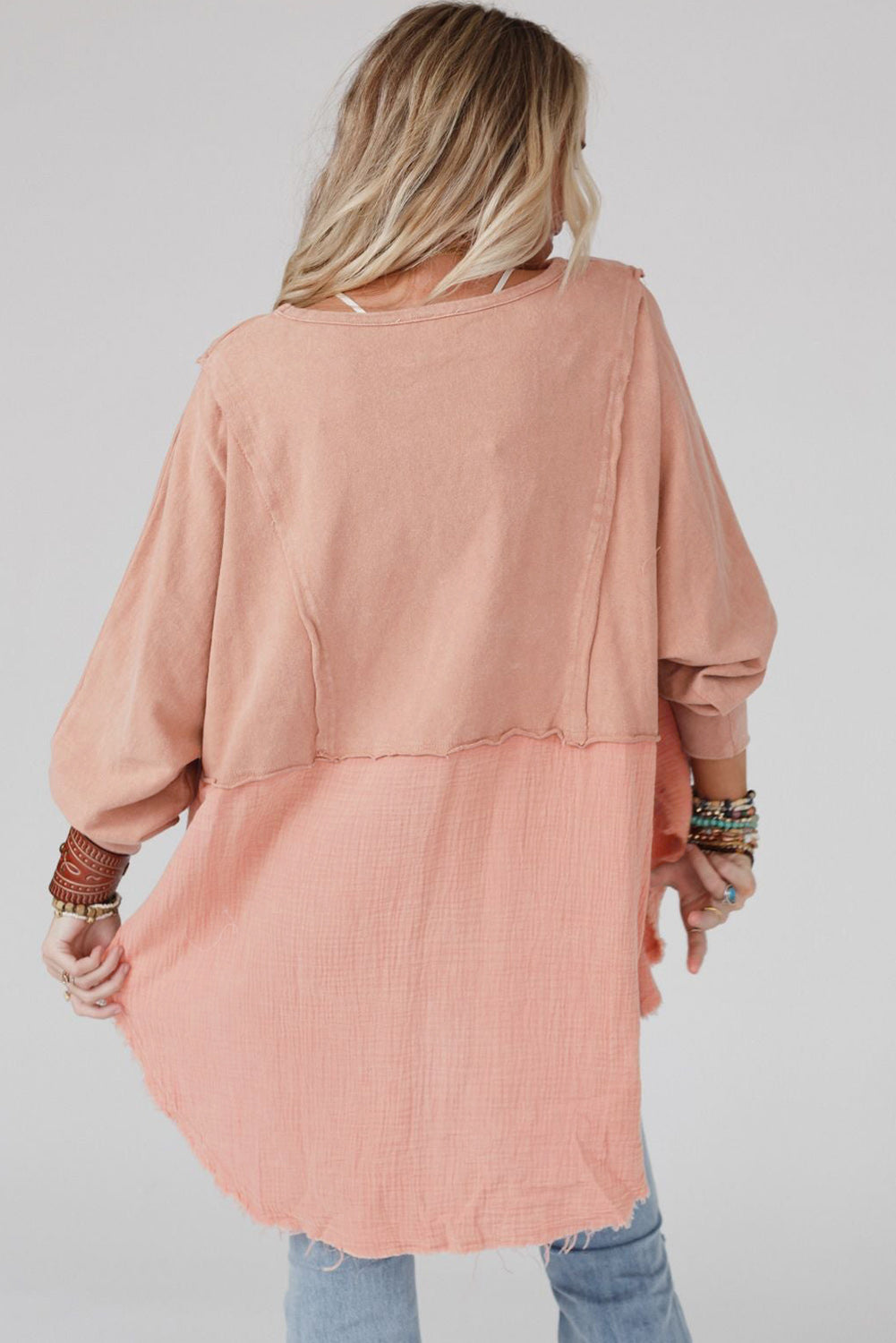 Orange Crinkled Patchwork Raw Hem Oversized Top