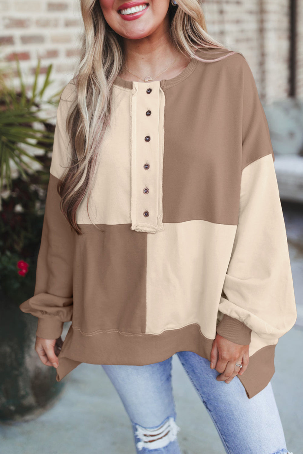 Parchment Colorblock Henley High Low Loose Sweatshirt