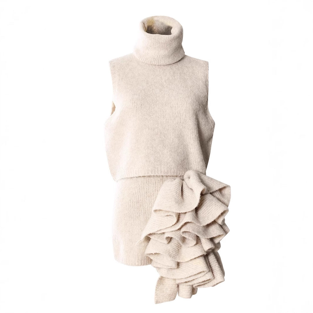 Women Skirt Sets Long Sweater Coat Turtleneck Sleeveless Knitted Vest With Skirt Three Pieces Sets