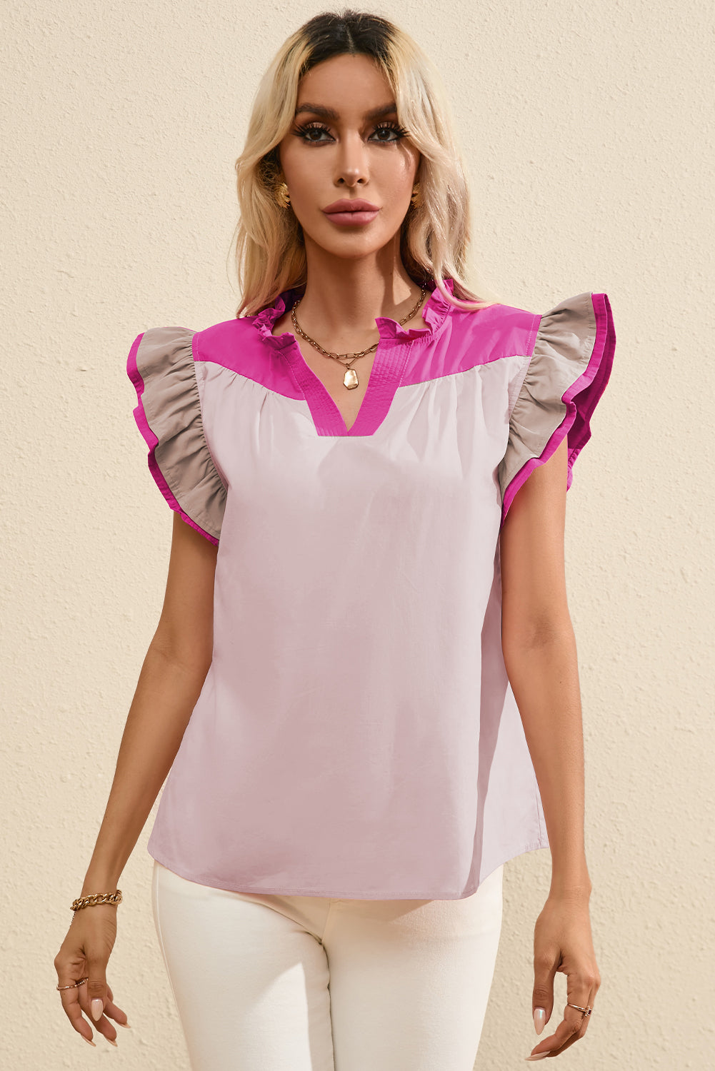 Mist Blue Colorblock Ruffled Sleeve Frill V Neck Blouse
