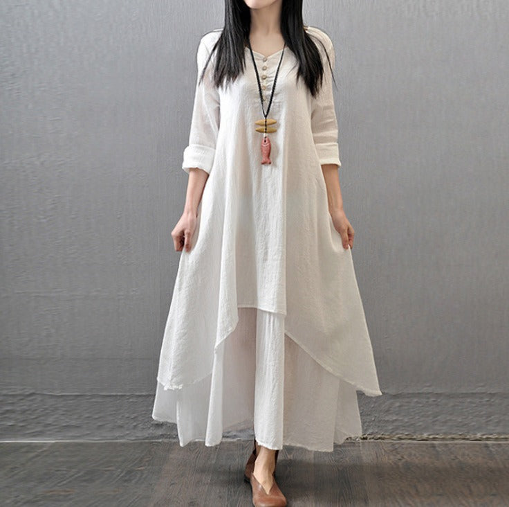 Long skirt large hem linen dress loose long-sleeved cotton linen skirt