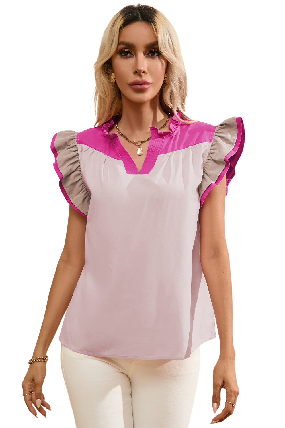 Mist Blue Colorblock Ruffled Sleeve Frill V Neck Blouse