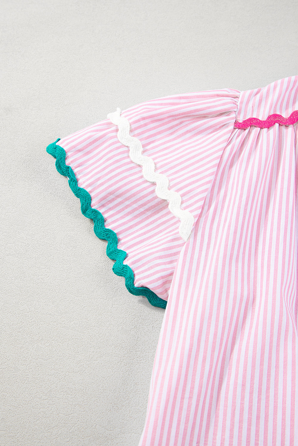 Pink Striped Ricrac Splicing Frill V-Neck Blouse