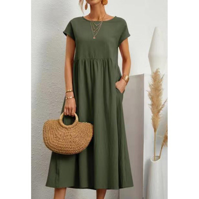 Solid color sleeveless loose cotton linen pocket dress