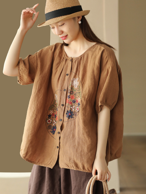 Women linen embroidered single coat