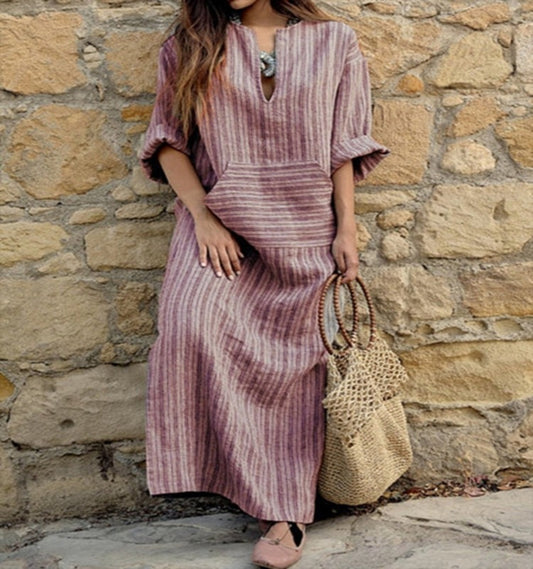 New cotton and linen color woven striped loose length dress