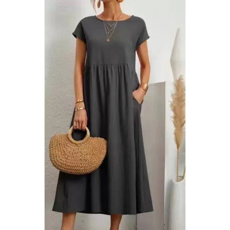 Solid color sleeveless loose cotton linen pocket dress