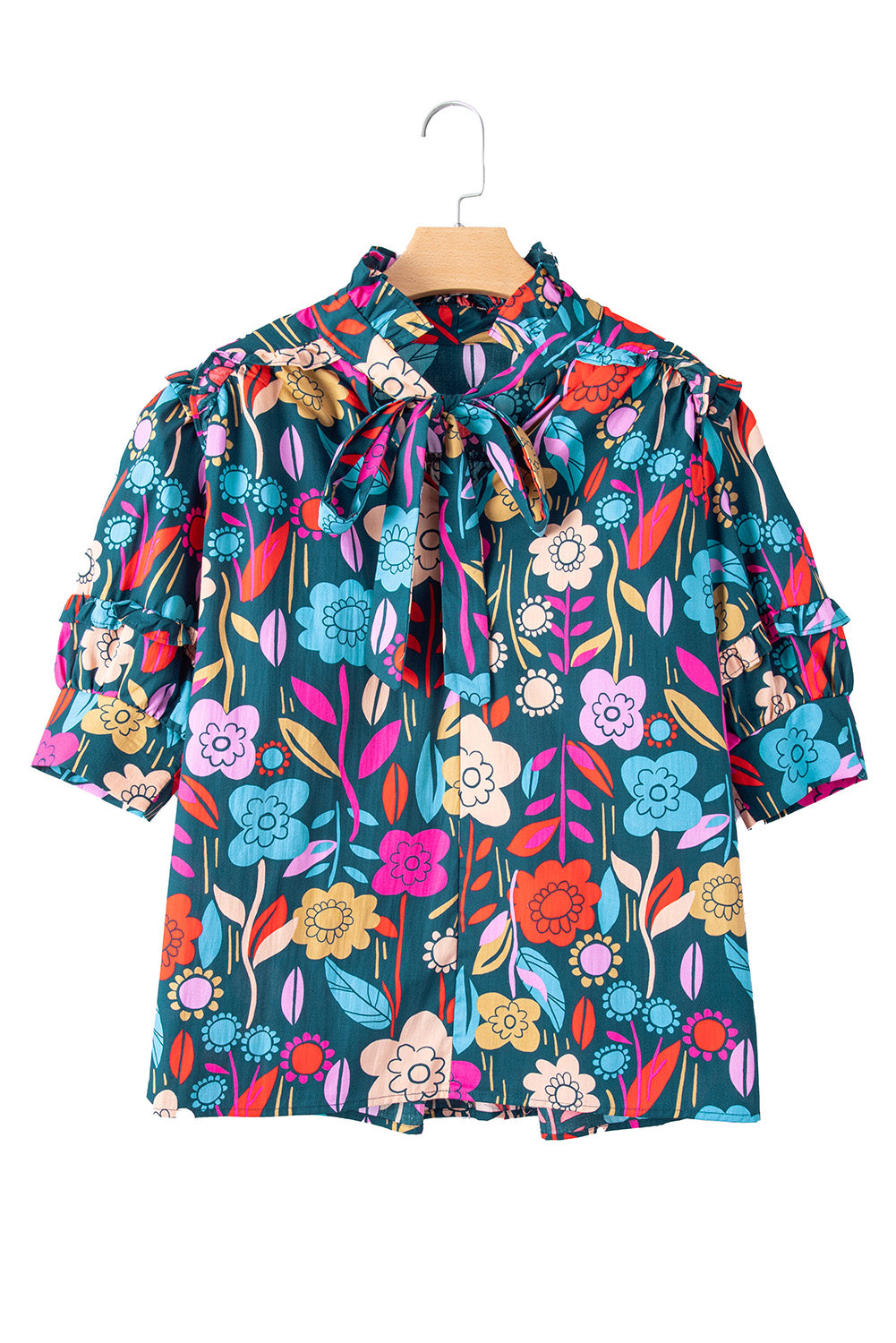 Green 60s Floral Print Puff Sleeve Tied V Neck Blouse