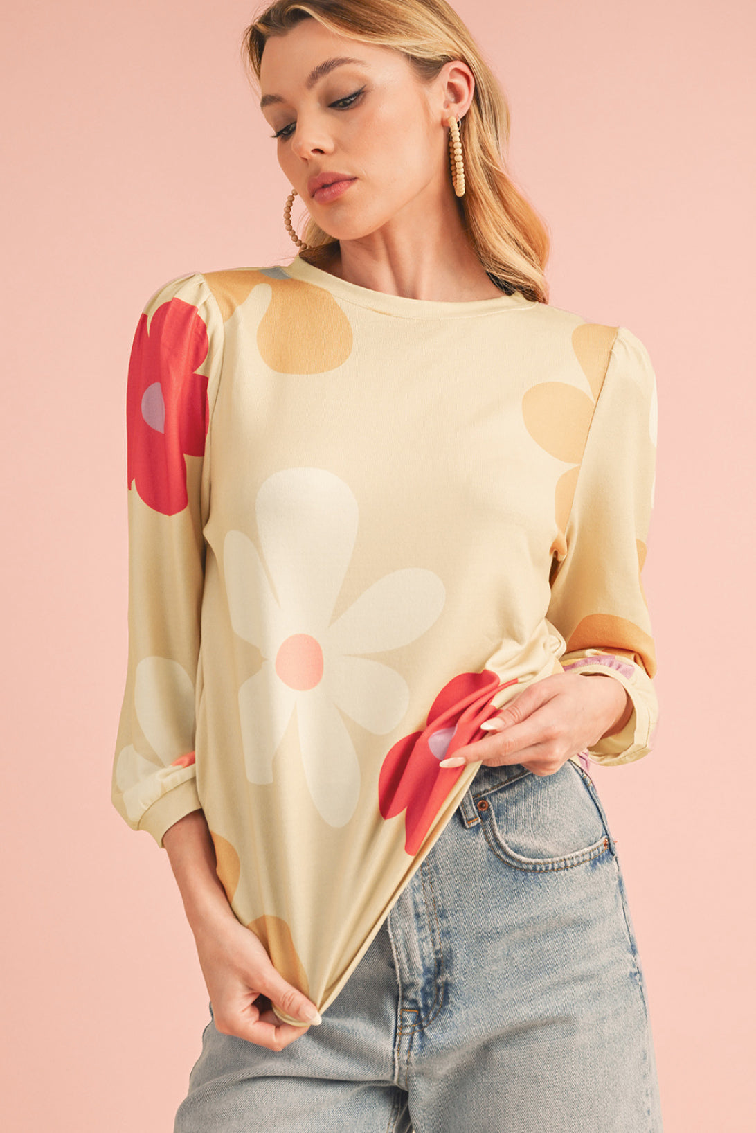 Rose 60s Flower Print Ruched Bracelet Sleeve Top