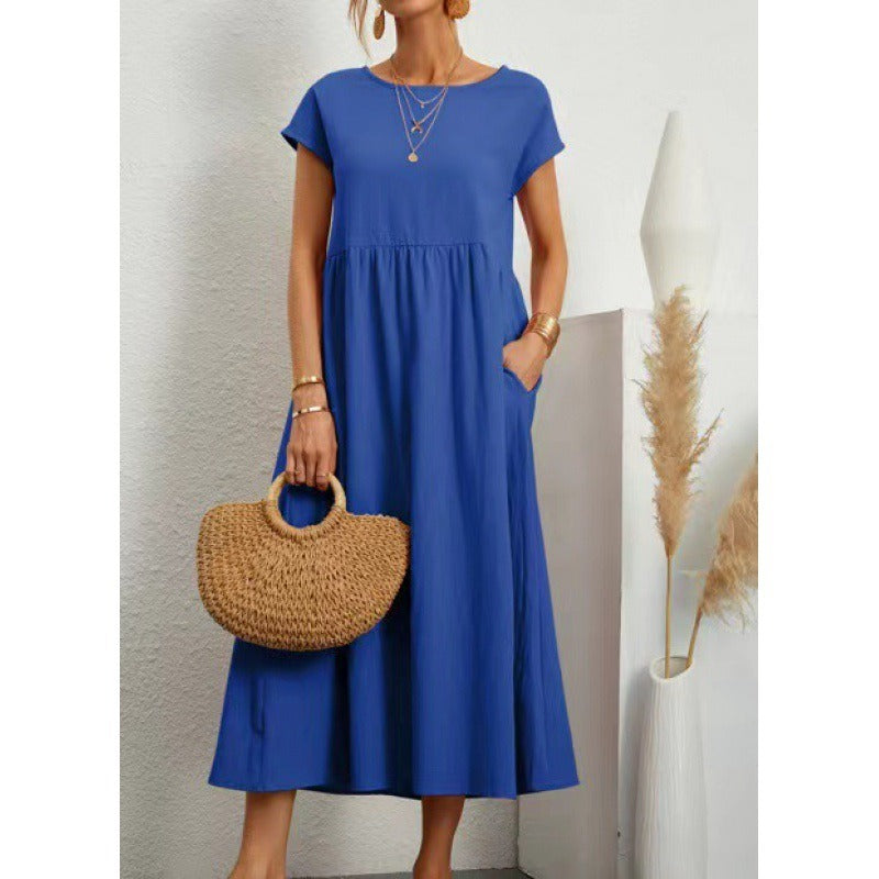 Solid color sleeveless loose cotton linen pocket dress