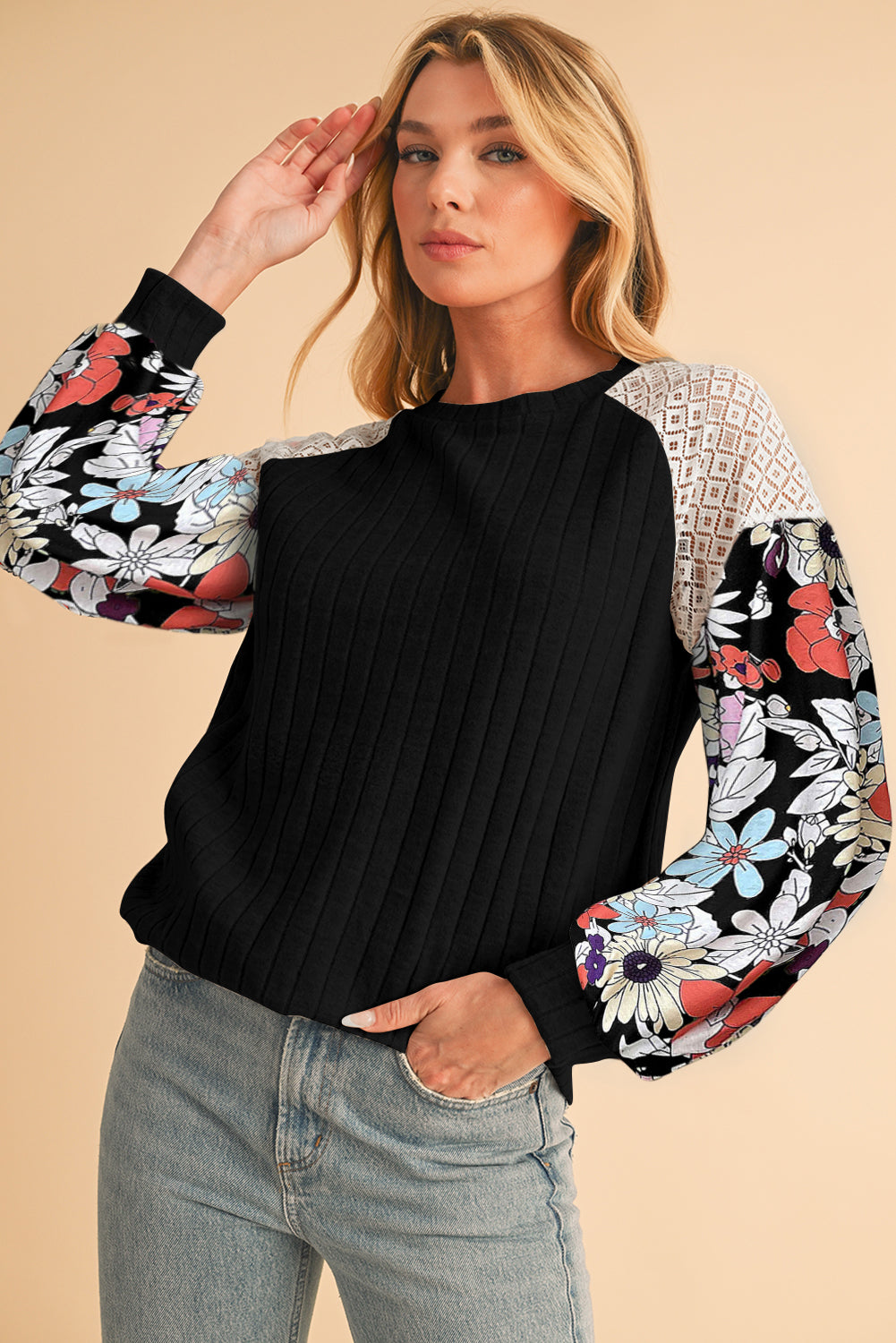 Cinnamon Floral Patchwork Raglan Sleeve Ribbed Top