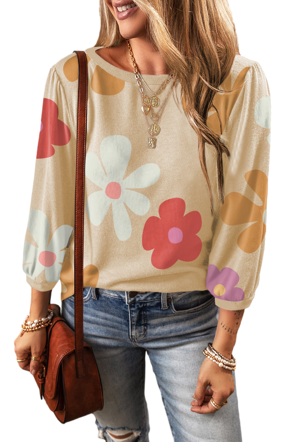 Rose 60s Flower Print Ruched Bracelet Sleeve Top