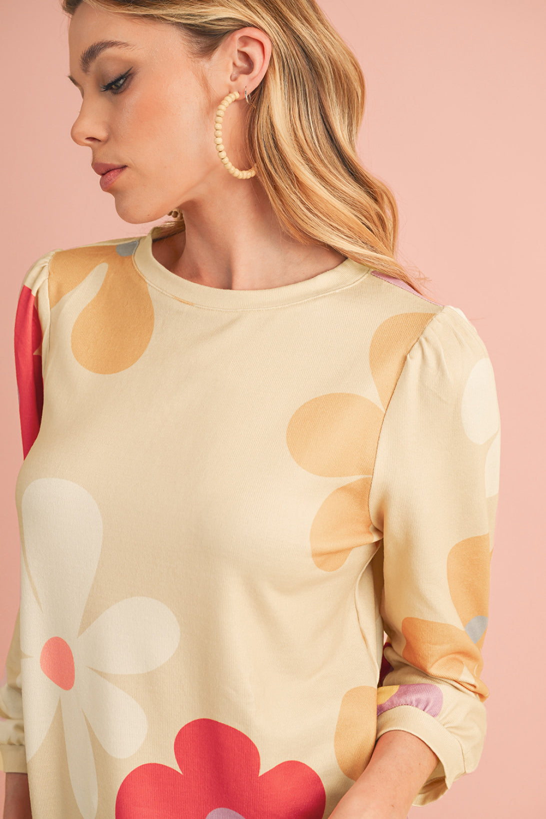 Rose 60s Flower Print Ruched Bracelet Sleeve Top
