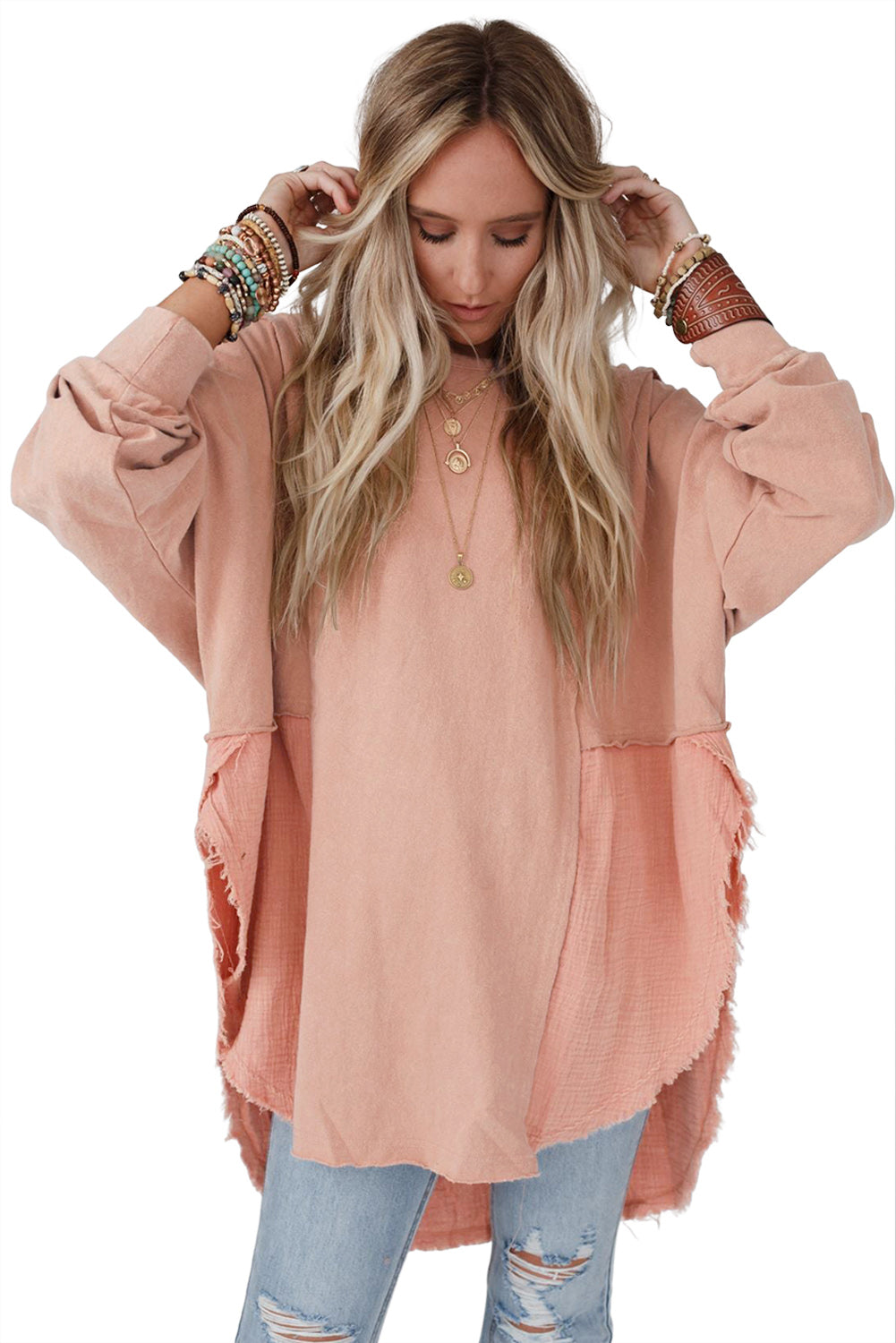 Orange Crinkled Patchwork Raw Hem Oversized Top