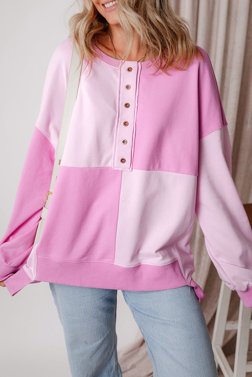 Parchment Colorblock Henley High Low Loose Sweatshirt