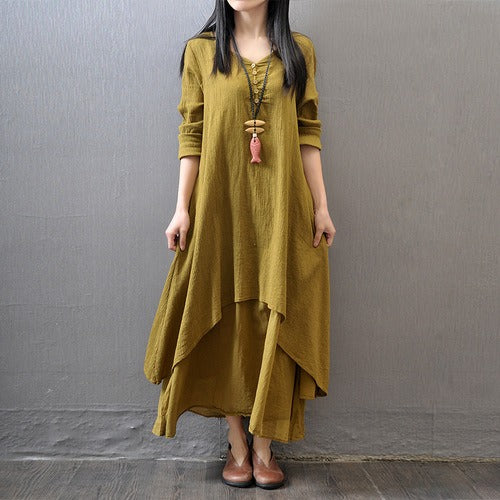 Long skirt large hem linen dress loose long-sleeved cotton linen skirt