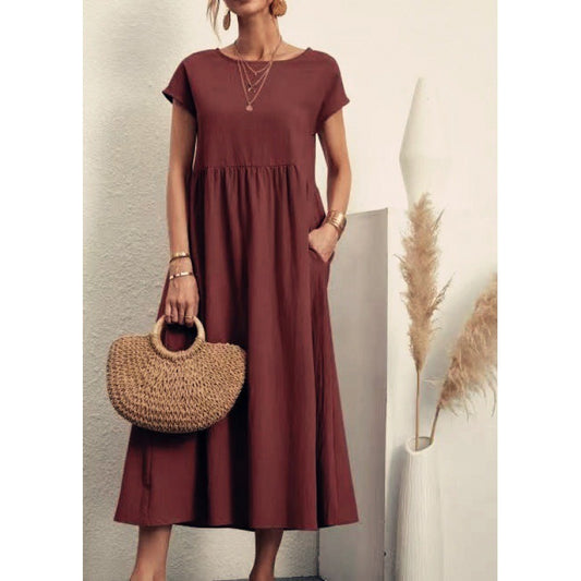 Solid color sleeveless loose cotton linen pocket dress