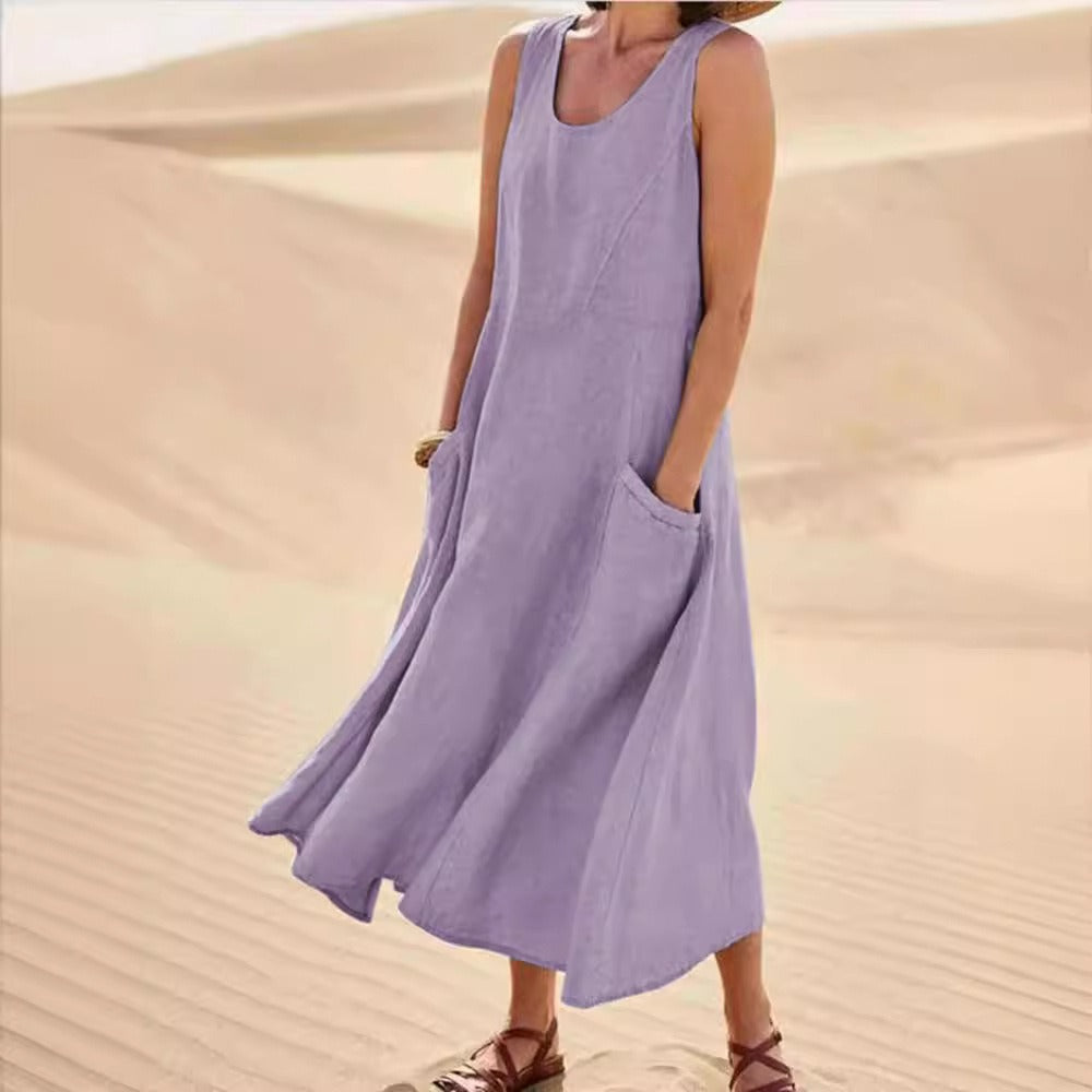 Pocket sleeveless round neck women's cotton and linen dress
