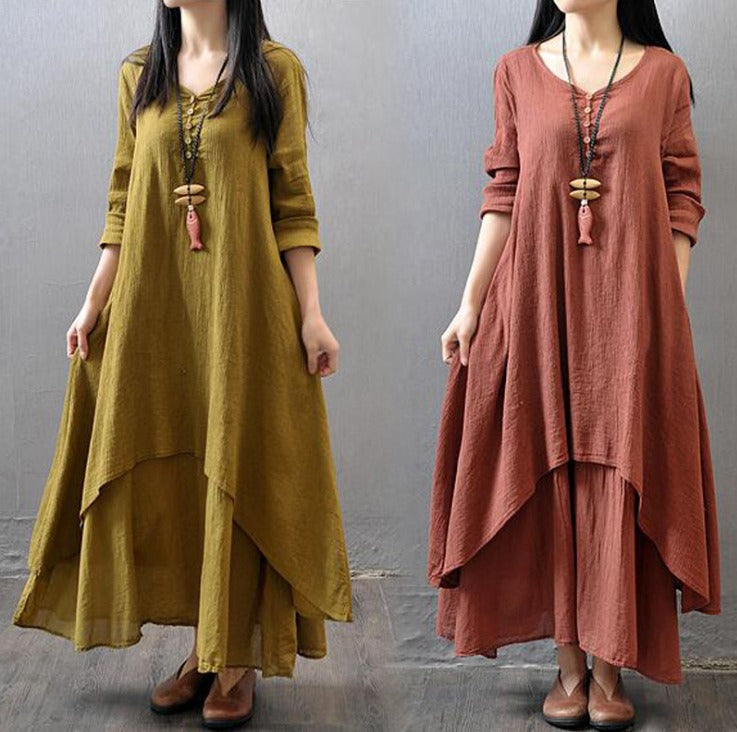 Long skirt large hem linen dress loose long-sleeved cotton linen skirt