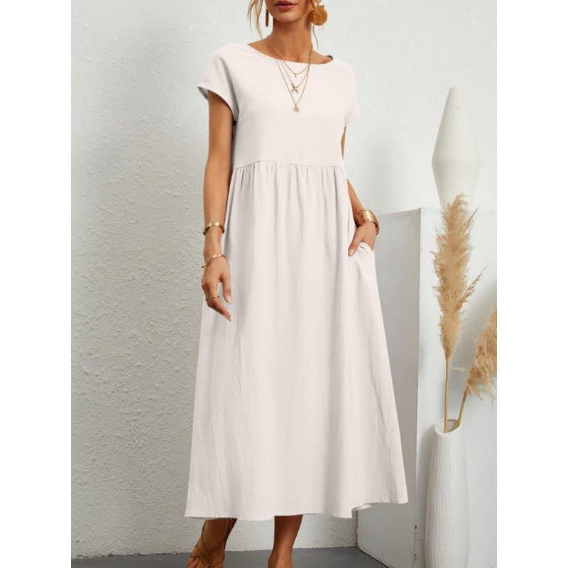 Solid color sleeveless loose cotton linen pocket dress