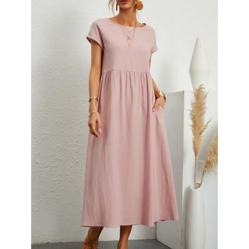 Solid color sleeveless loose cotton linen pocket dress