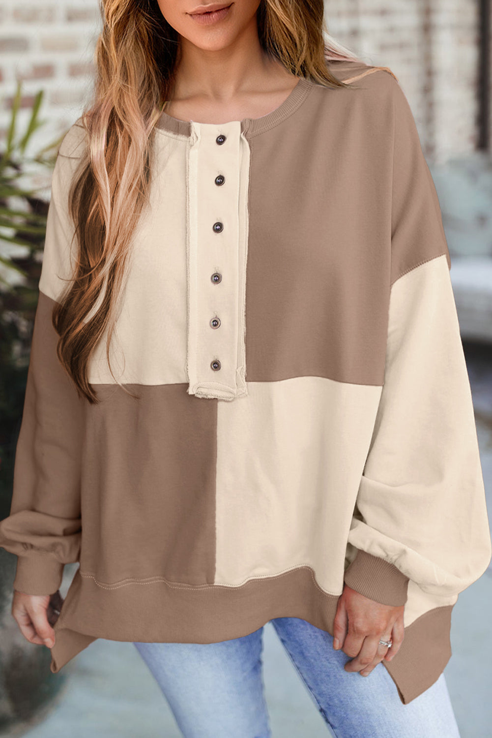 Parchment Colorblock Henley High Low Loose Sweatshirt