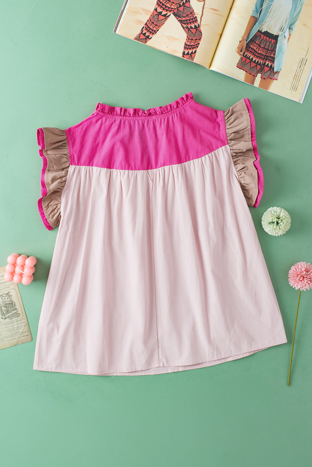 Mist Blue Colorblock Ruffled Sleeve Frill V Neck Blouse