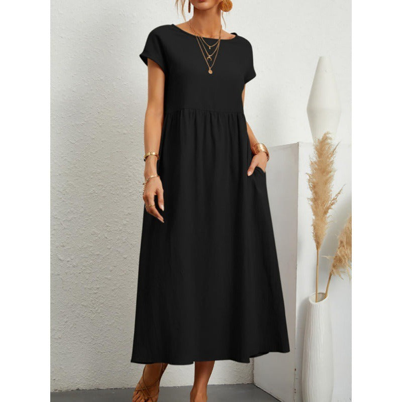 Solid color sleeveless loose cotton linen pocket dress