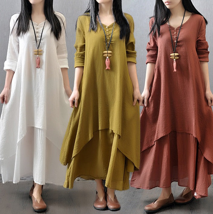 Long skirt large hem linen dress loose long-sleeved cotton linen skirt