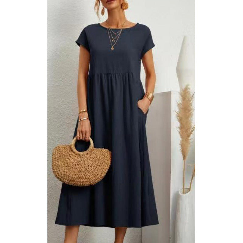 Solid color sleeveless loose cotton linen pocket dress