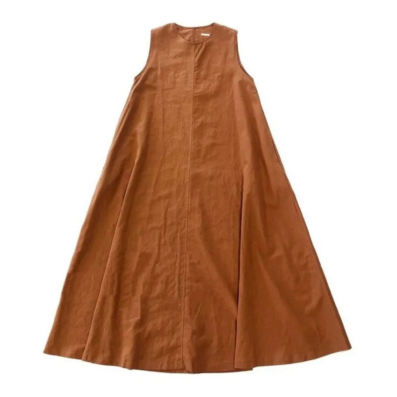 Summer  Dress Chic Loose Swing Sleeveless Mid-length Cotton Linen Long Dress Sleeveless High Waist Women Runway Dress