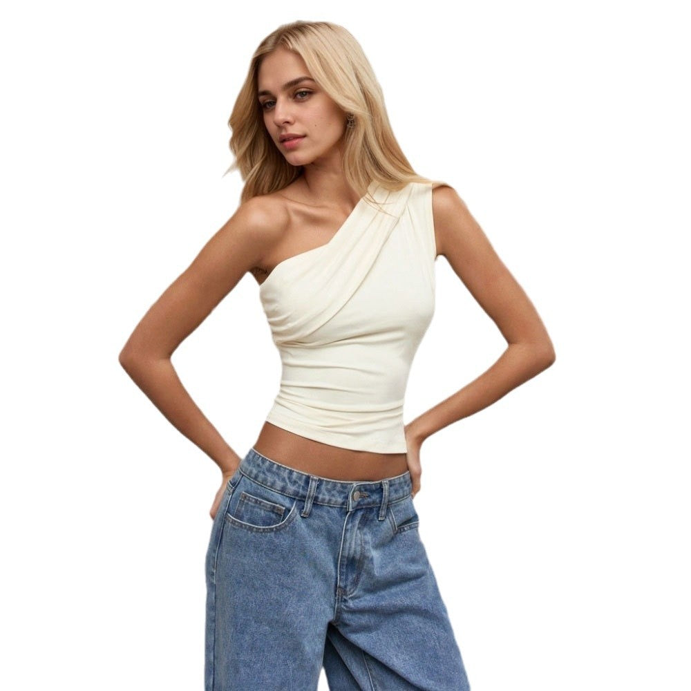 Women's sexy single shoulder T-shirt for spring and summer new style sloping collar off shoulder pure desire top