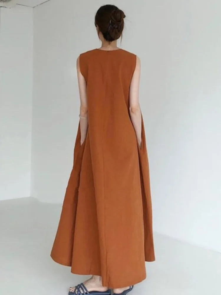 Summer  Dress Chic Loose Swing Sleeveless Mid-length Cotton Linen Long Dress Sleeveless High Waist Women Runway Dress