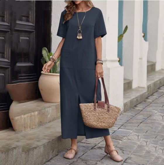Linen solid color loose round neck short sleeved dress