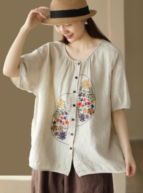 Women linen embroidered single coat