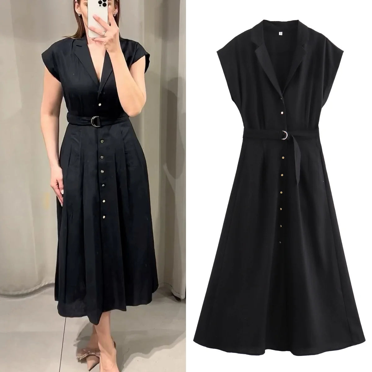 Linen blend midi shirt style dress
