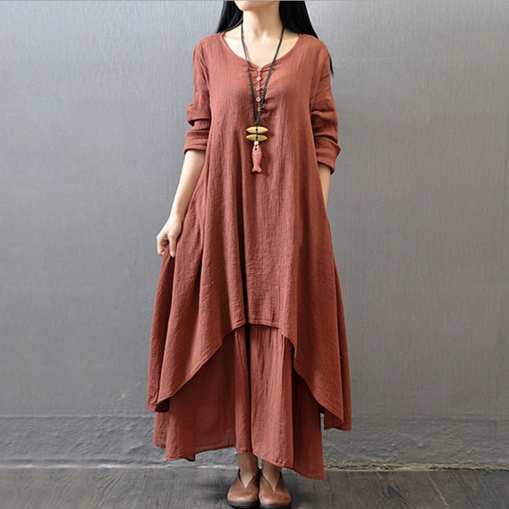 Long skirt large hem linen dress loose long-sleeved cotton linen skirt