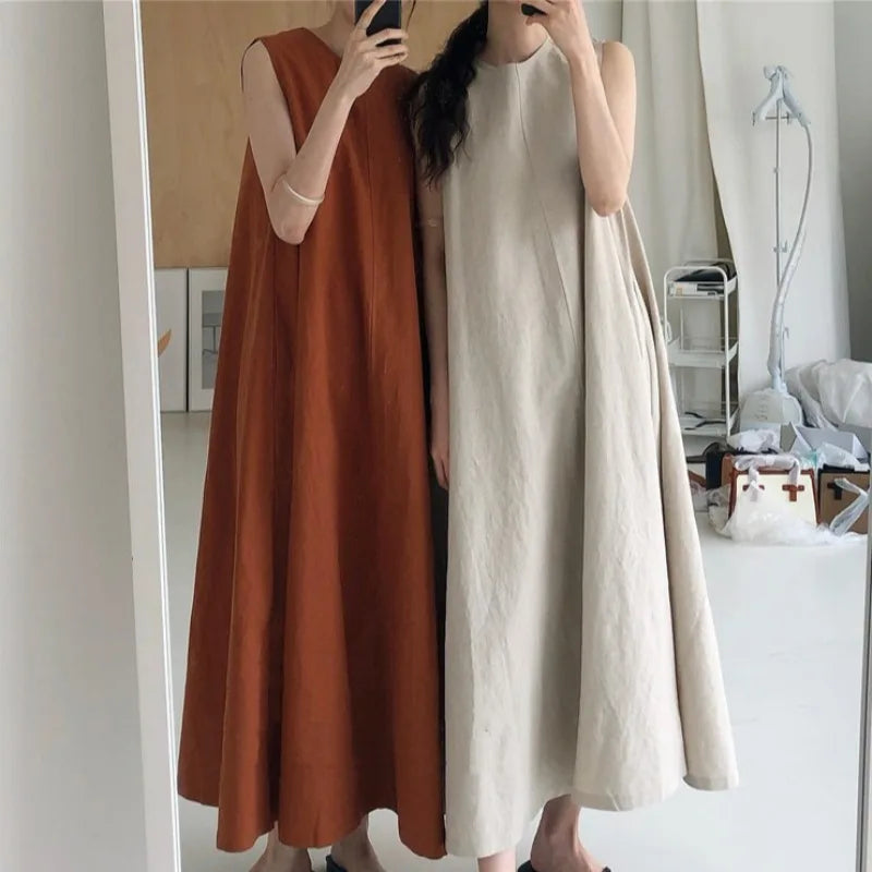 Summer  Dress Chic Loose Swing Sleeveless Mid-length Cotton Linen Long Dress Sleeveless High Waist Women Runway Dress