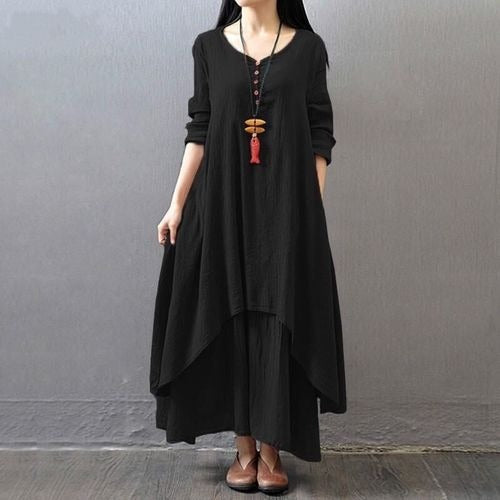 Long skirt large hem linen dress loose long-sleeved cotton linen skirt