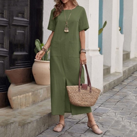Linen solid color loose round neck short sleeved dress