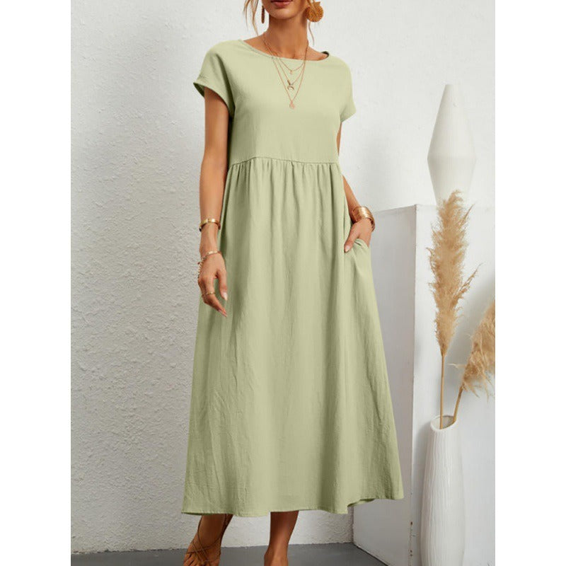 Solid color sleeveless loose cotton linen pocket dress