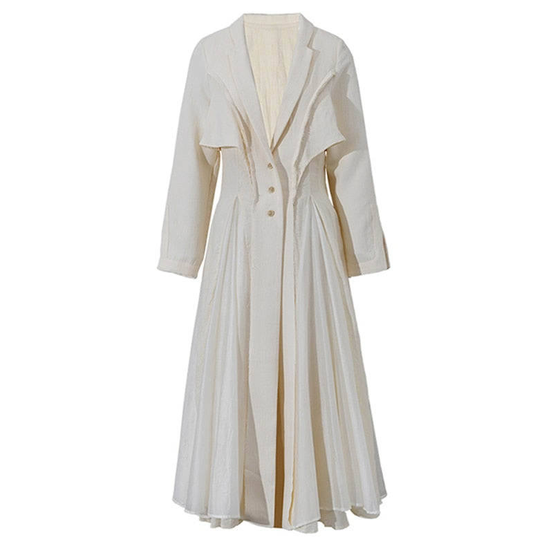 Women Beige Pleated Linen Long Elegant Dress