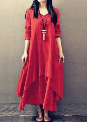 Long skirt large hem linen dress loose long-sleeved cotton linen skirt