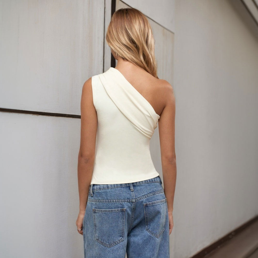 Women's sexy single shoulder T-shirt for spring and summer new style sloping collar off shoulder pure desire top