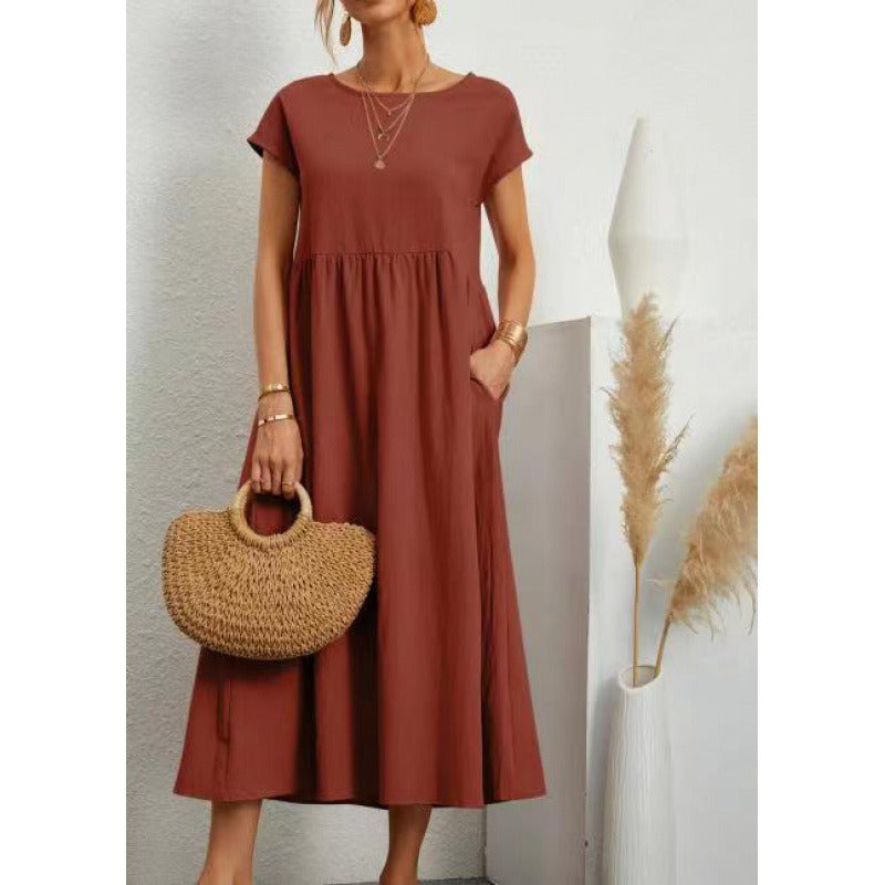 Solid color sleeveless loose cotton linen pocket dress