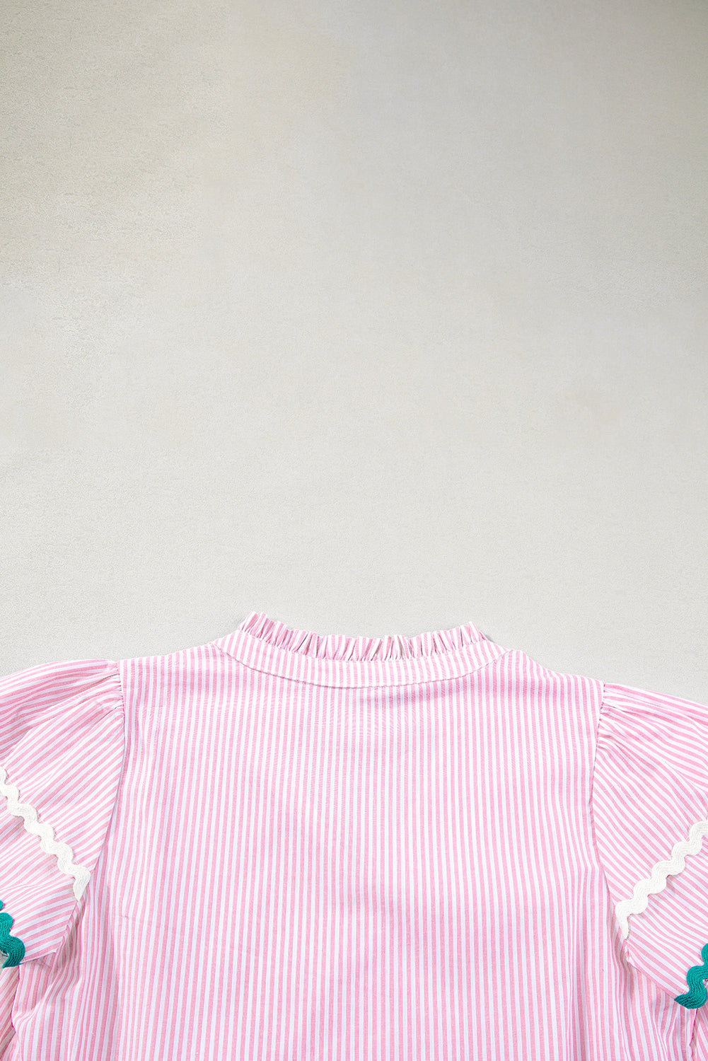 Pink Striped Ricrac Splicing Frill V-Neck Blouse