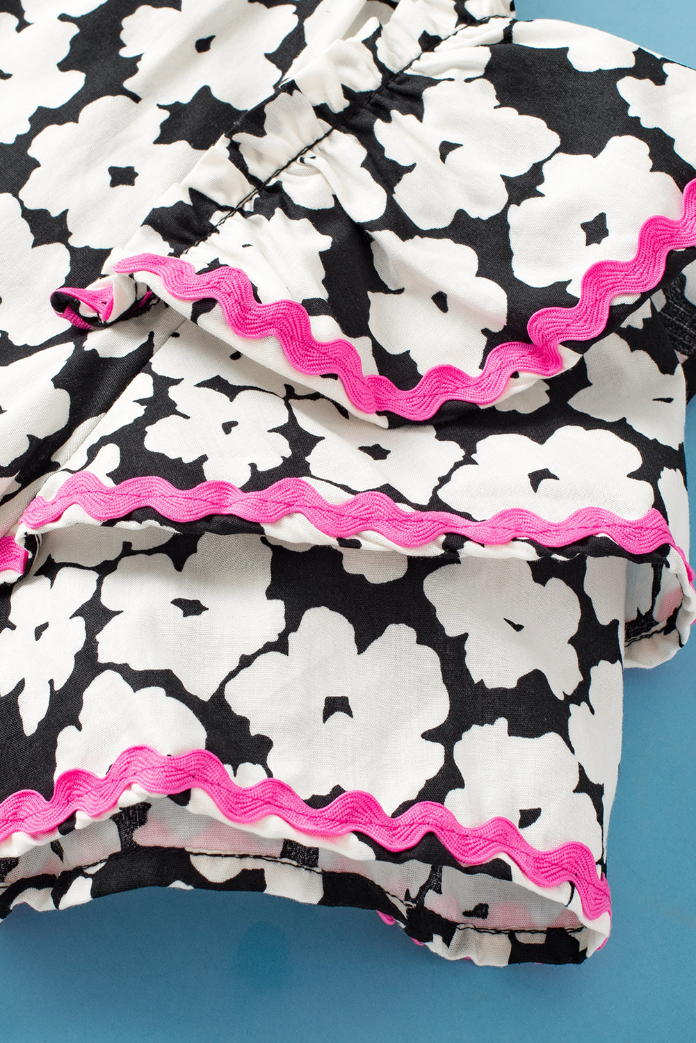Pink Contrast Ric Rac Layered Ruffle Sleeve Floral Blouse