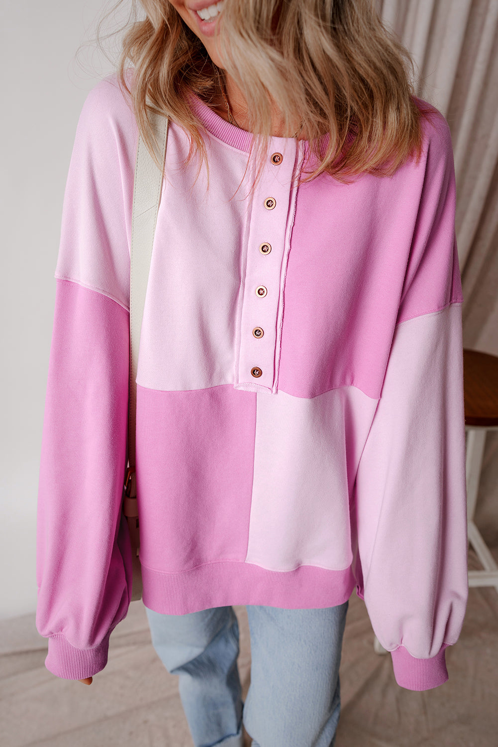 Parchment Colorblock Henley High Low Loose Sweatshirt